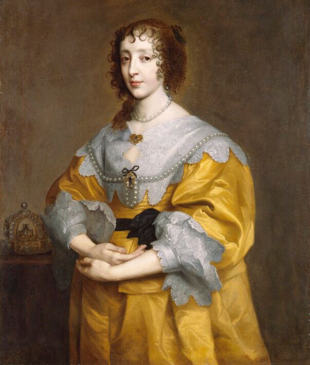 Henrietta Maria of France in yellow dress with wide sleeves and lacing around neckline and cuffs