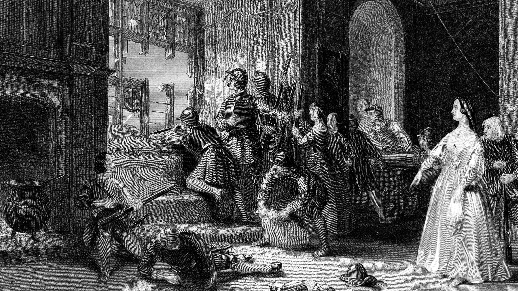 Romanticised line engraving showing Lady Blanche Arundell defending Old Wardour castle against Parliamentarian attack. A small group of soldiers gather at a window, and women stand with them armed with a musket