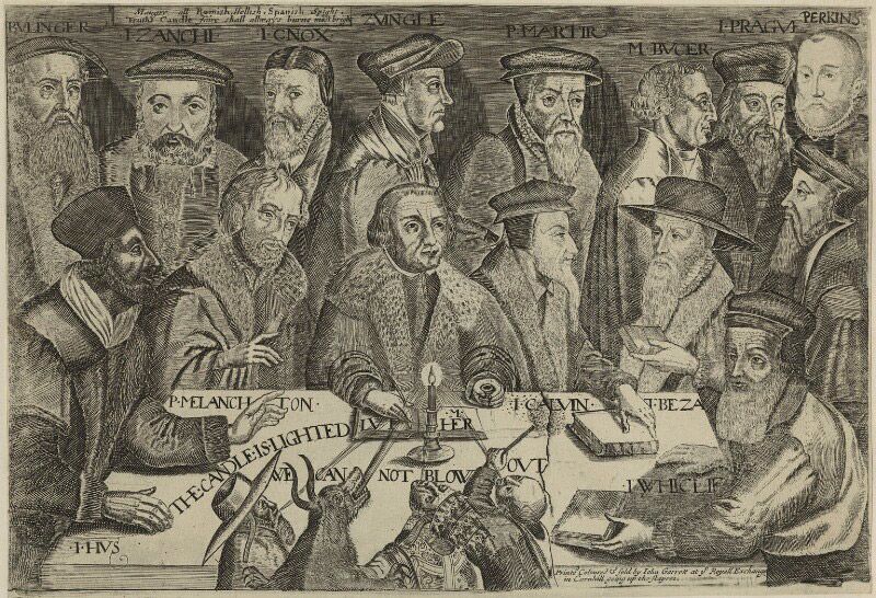 An illustration from the 1670s showing Martin Luther, the founder of the Protestant Reformation, surrounded by other leading theologians. They are protecting the candle of Protestantism from being blown out by the cardinal, the devil, and the pope