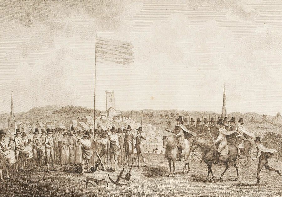 Line engraving showing Charles I raising his standard at Nottingham in 1642. He is surrounded by cavalrymen on a hill