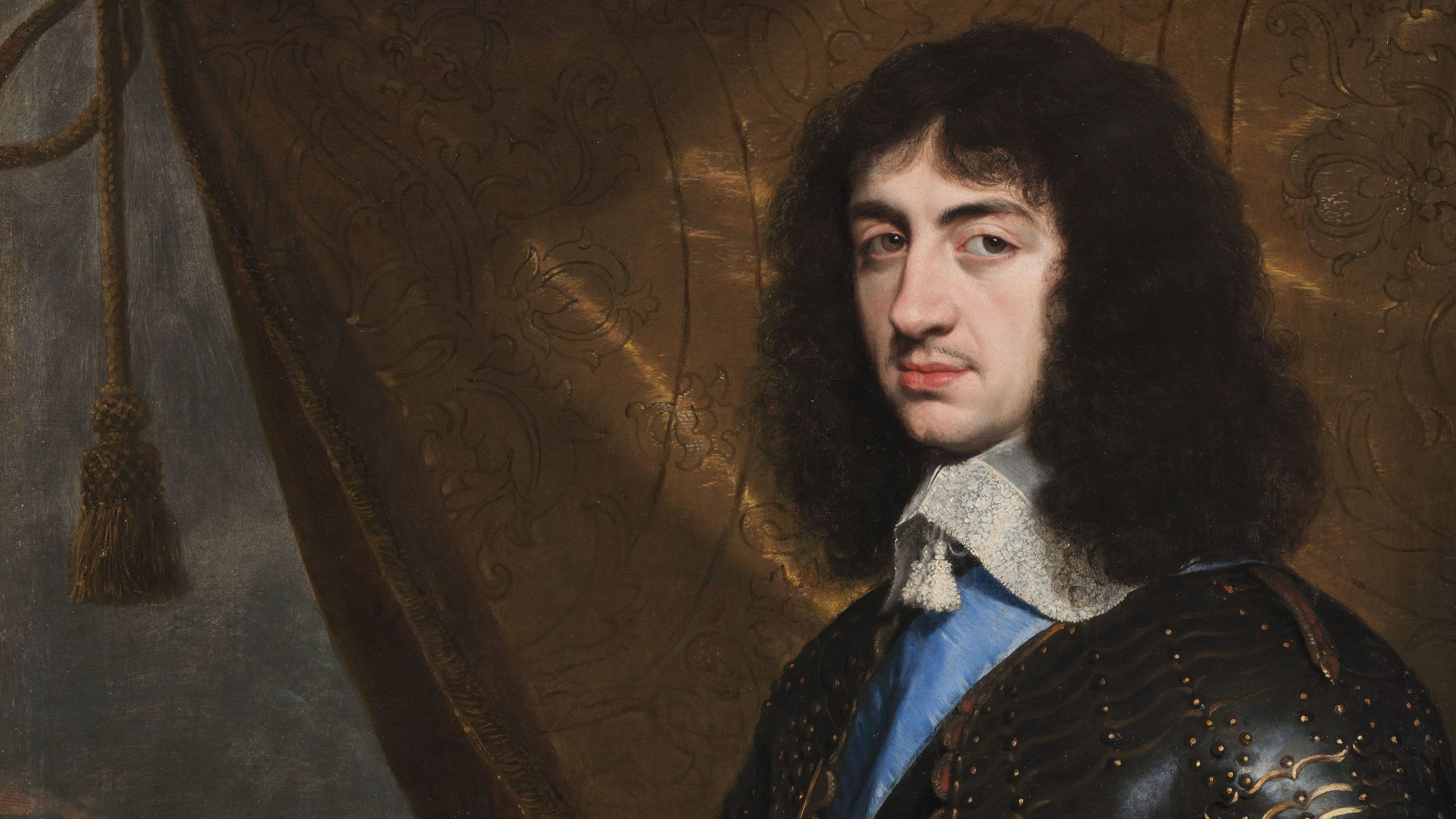 Oil painting of Charles II dressed in military armour, holding a sword in his right hand