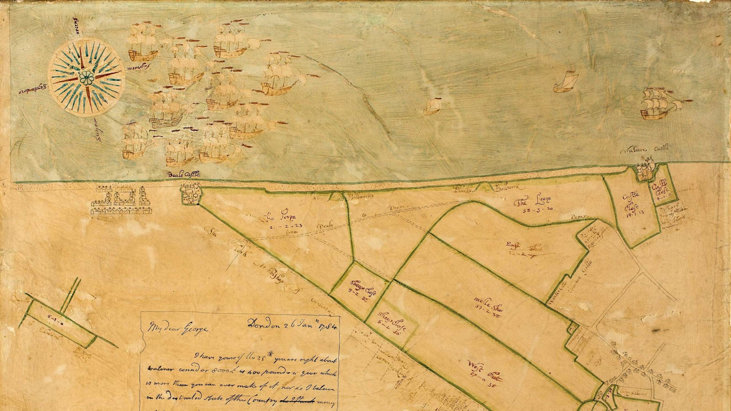 Aerial plan showing Deal and Walmer castles on the east Kent coastline. A flotilla of warships are gathered in the top left corner