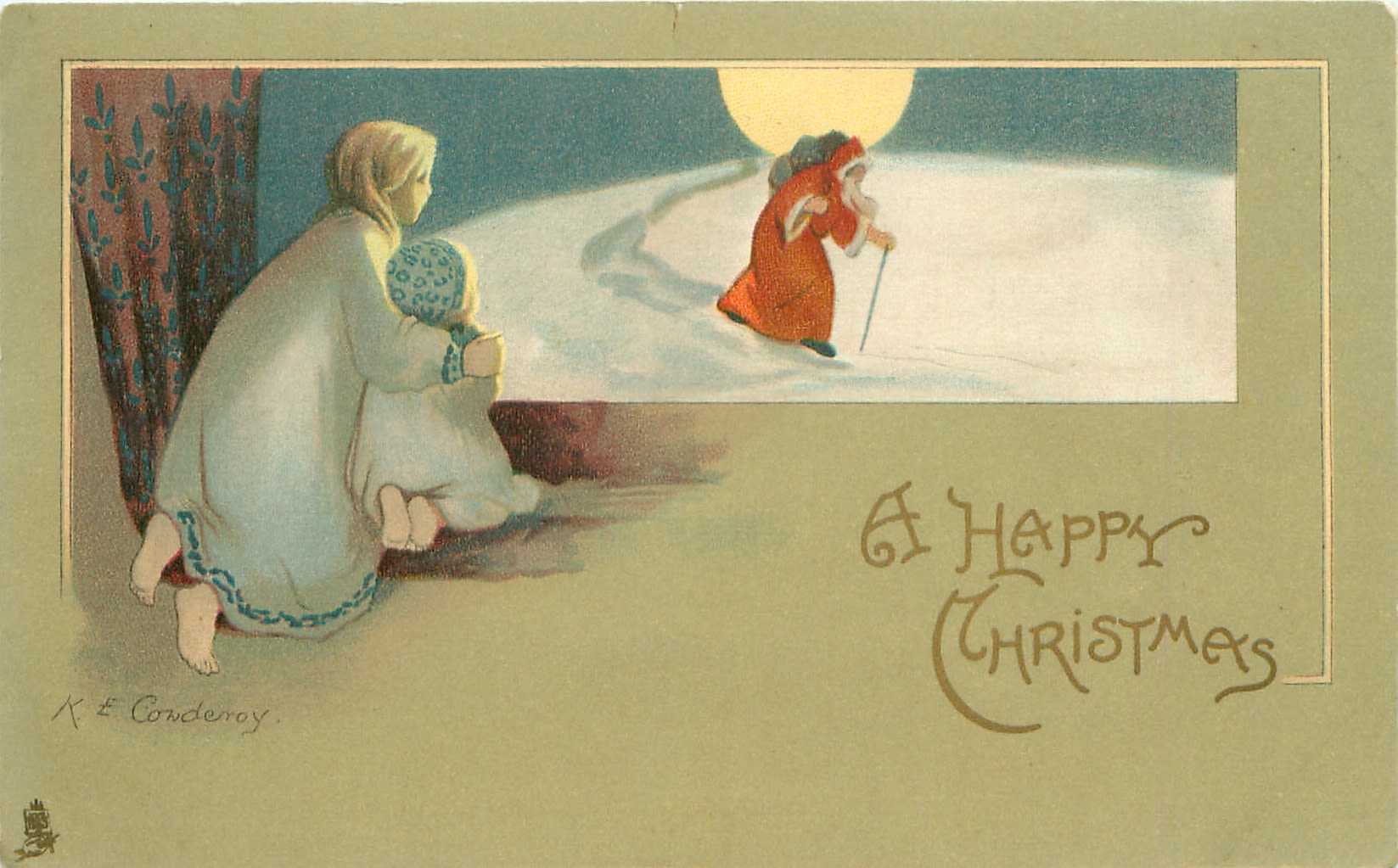 Image of a yellow-robed Santa driving a sleigh through the snow